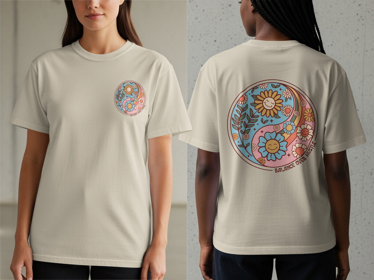 Yin-yang symbol with smiling flowers, rainbow, and text "BALANCE OVER HUSTLE".