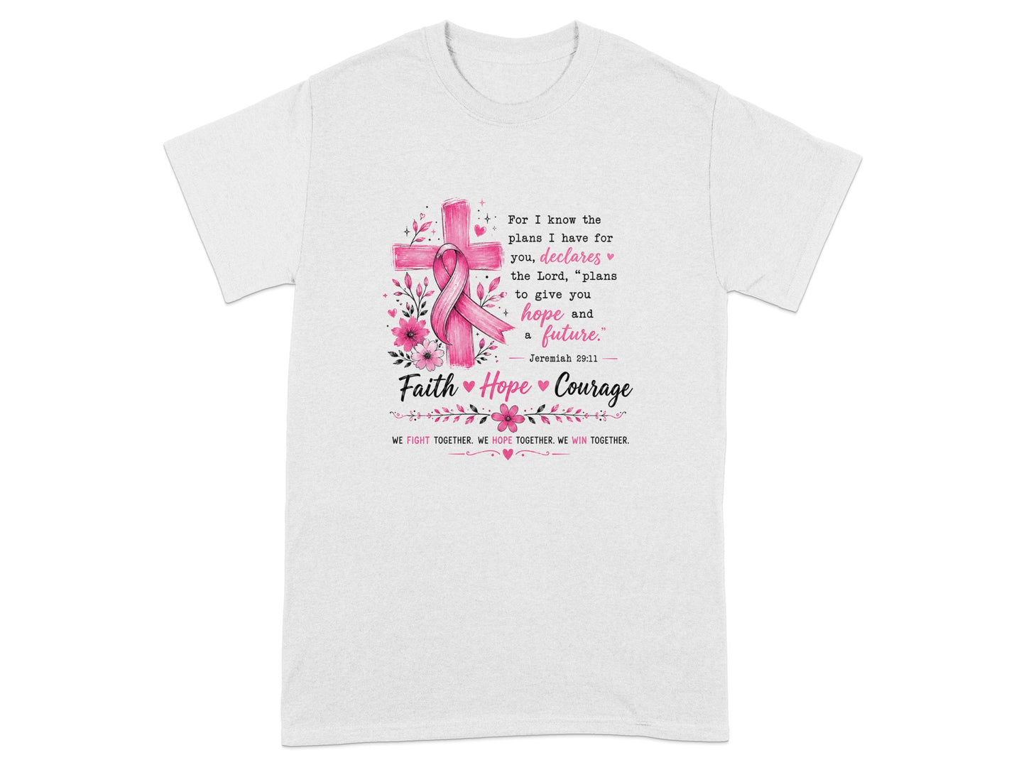 White t-shirt with pink cross, ribbon, and Jeremiah 29:11 quote.