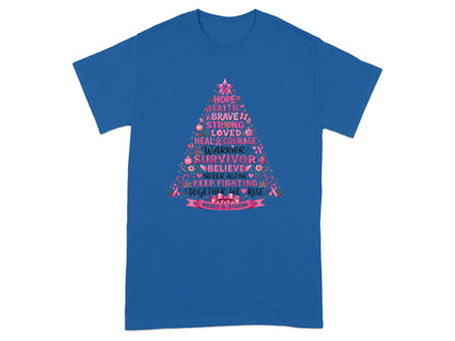 Blue t-shirt with a Christmas tree design listing words like "Hope," "Warrior," and "Survivor."