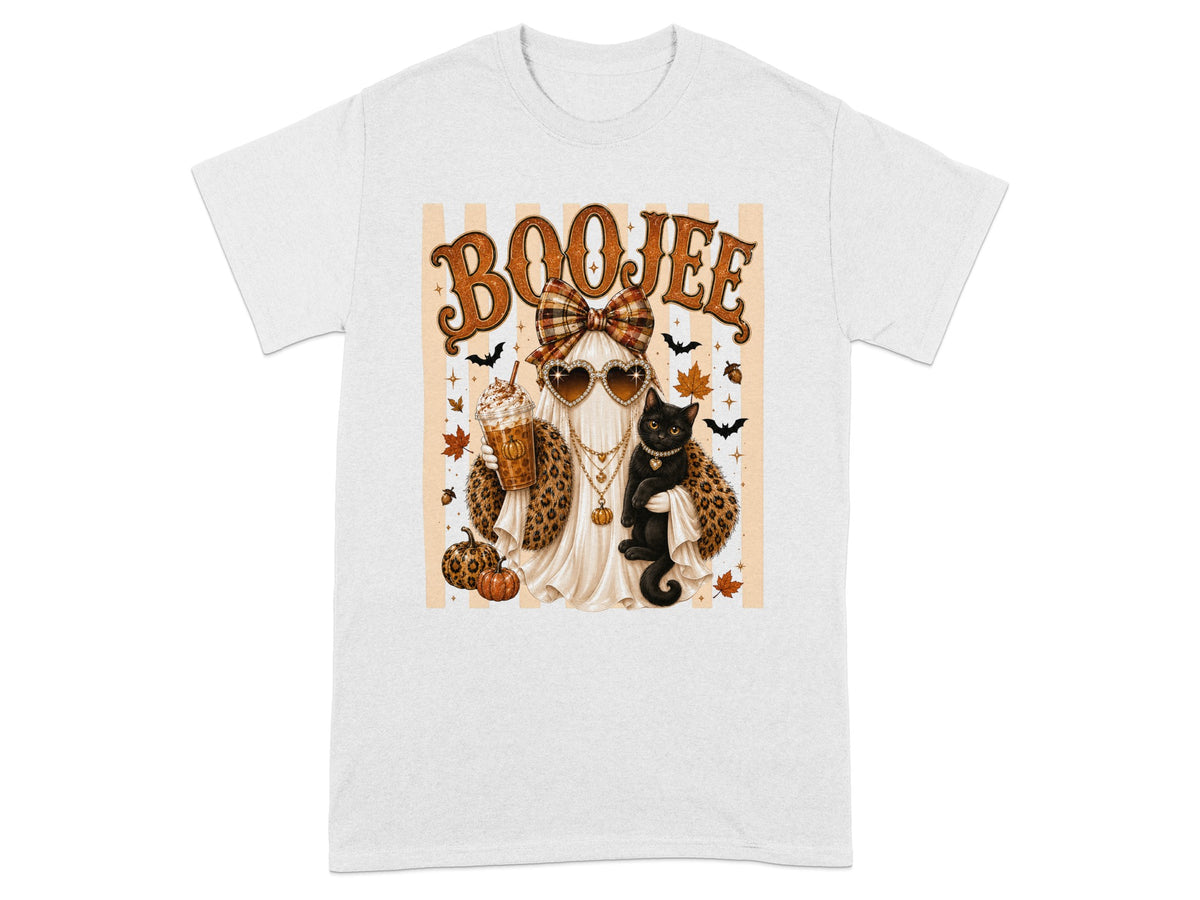 Ghost with black cat, heart sunglasses, leopard print, and "BOOJEE" text.