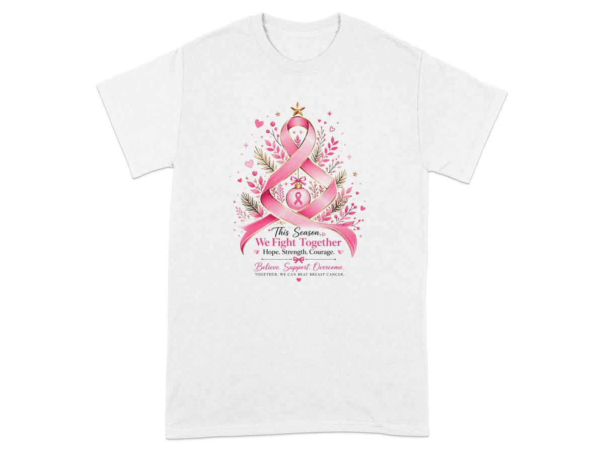 White t-shirt with pink ribbon design and text "This Season, We Fight Together".
