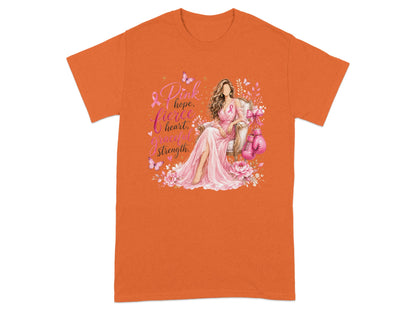Woman in pink dress with boxing gloves and text: "Pink hope, fierce heart, graceful strength."