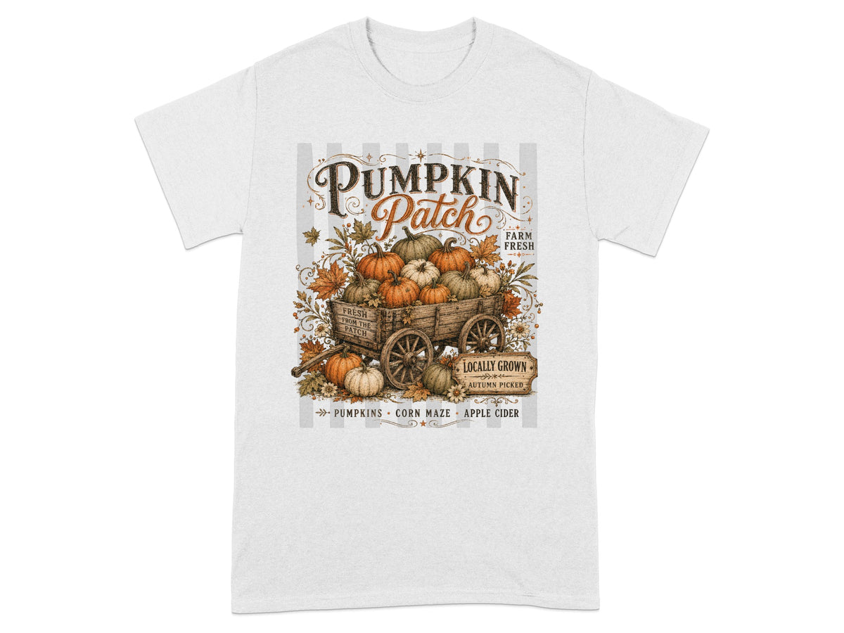 Pumpkin Patch graphic with wagon of pumpkins, autumn leaves, and text.