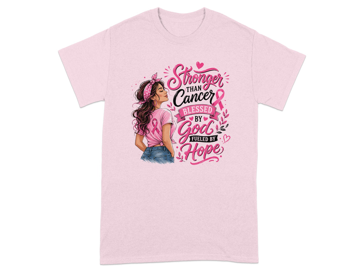 Pink t-shirt graphic with woman, "Stronger than Cancer, Blessed by God, Fueled by Hope."