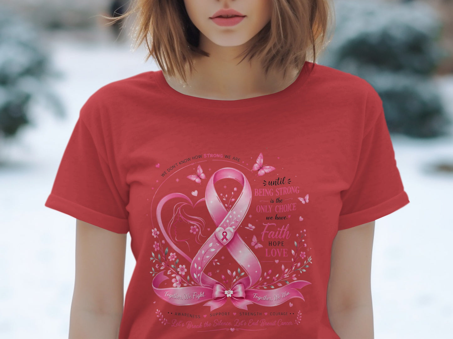 Red t-shirt with pink breast cancer ribbon, heart, butterflies, and inspirational text.