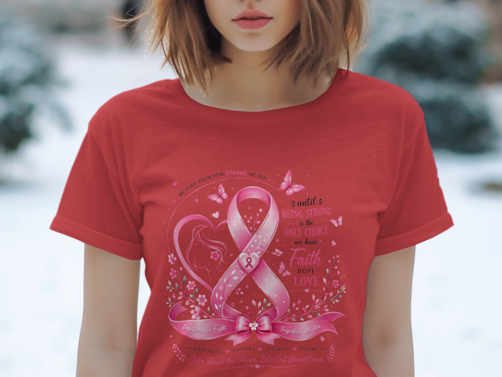Red t-shirt with pink breast cancer ribbon, heart, butterflies, and inspirational text.