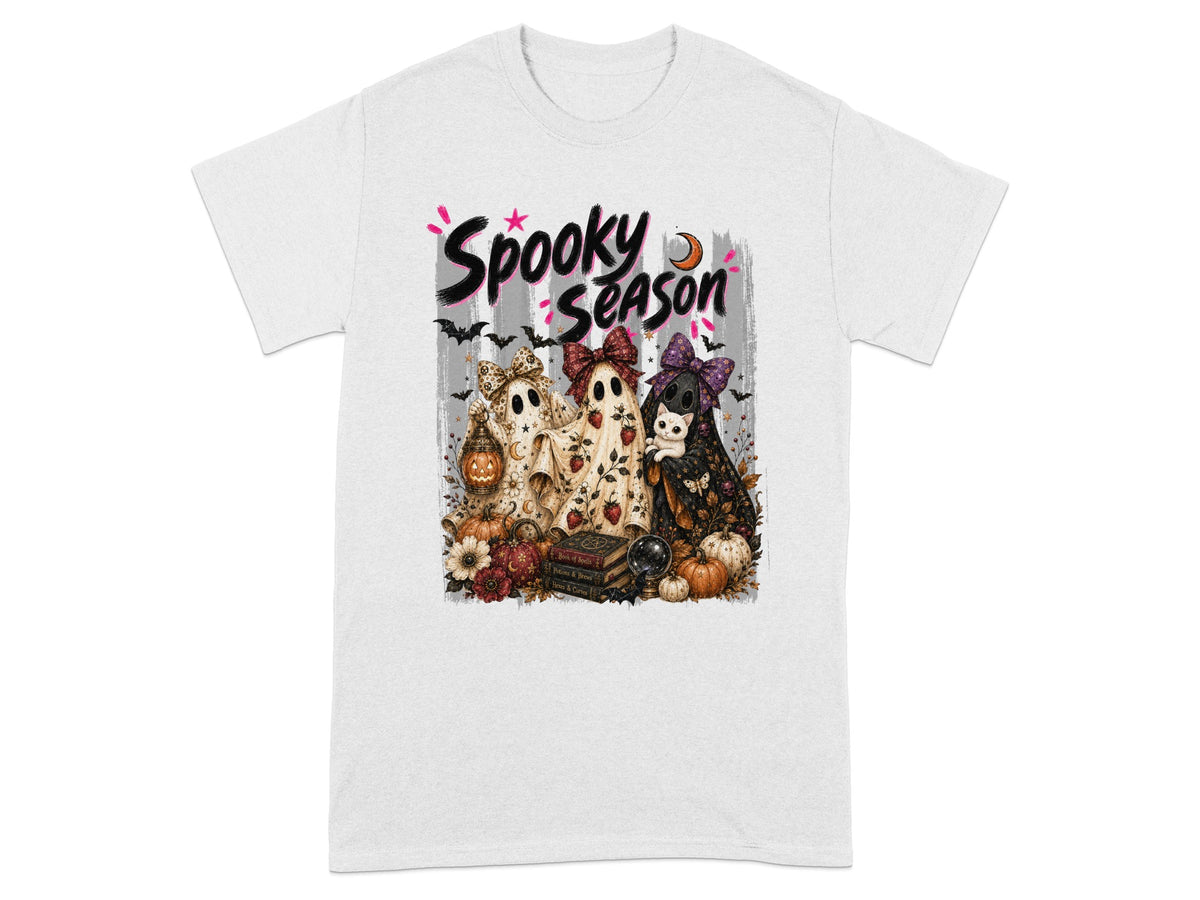 Three ghosts and a cat with Halloween decorations and "Spooky Season" text.