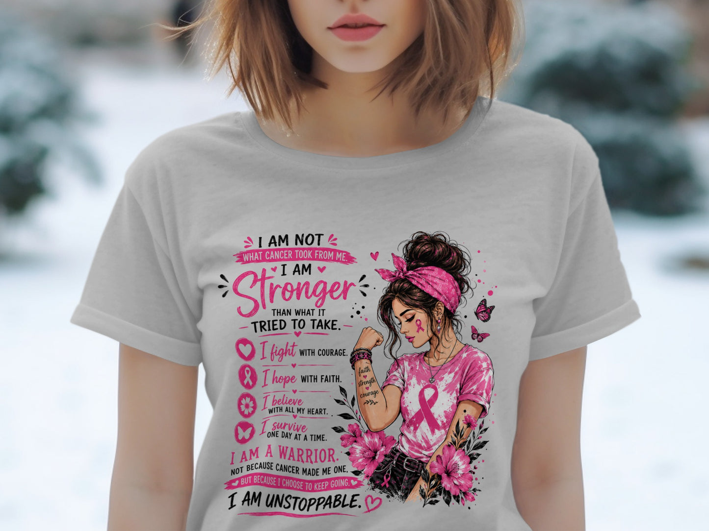 T-shirt with "I Am Stronger Than What Cancer Tried to Take" text and warrior woman illustration.