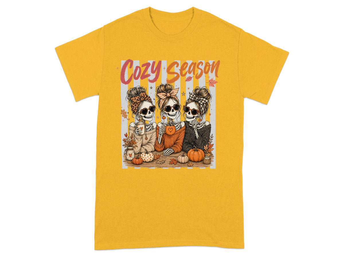Three skeletons with sunglasses and bandanas saying "Cozy Season".