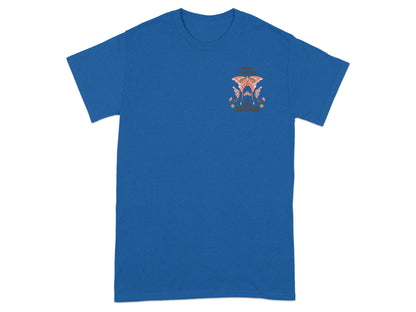 Blue t-shirt with graphic of a butterfly and flowers, and text "the way you speak to yourself matters".
