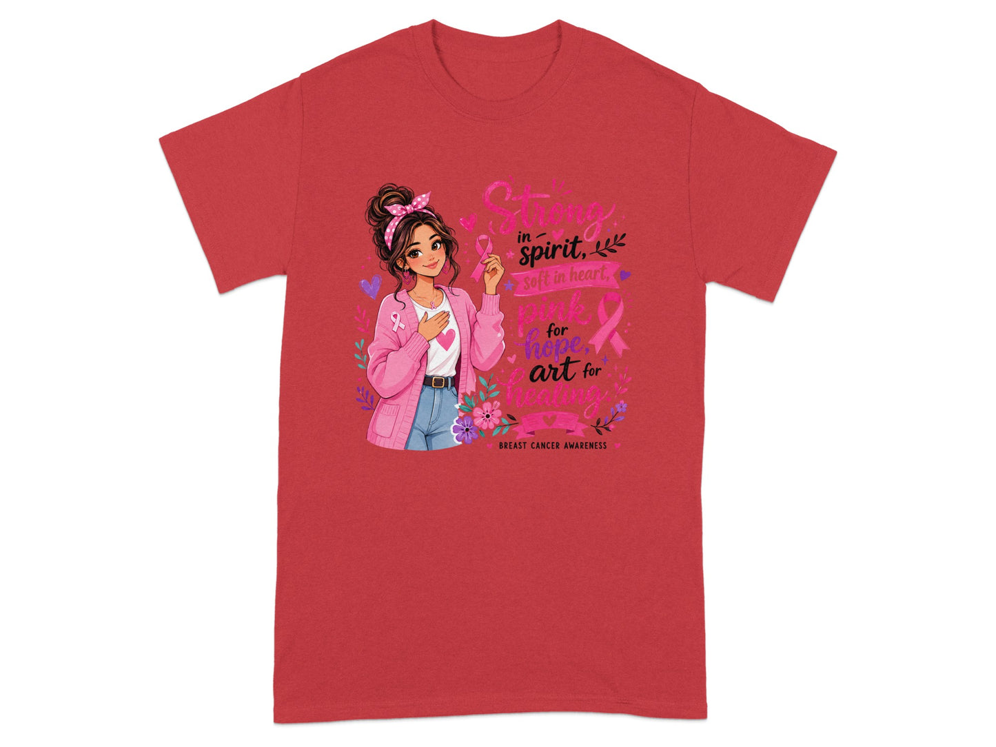 Girl holding pink ribbon, text says "Strong in spirit, soft in heart, pink for hope, art for healing."