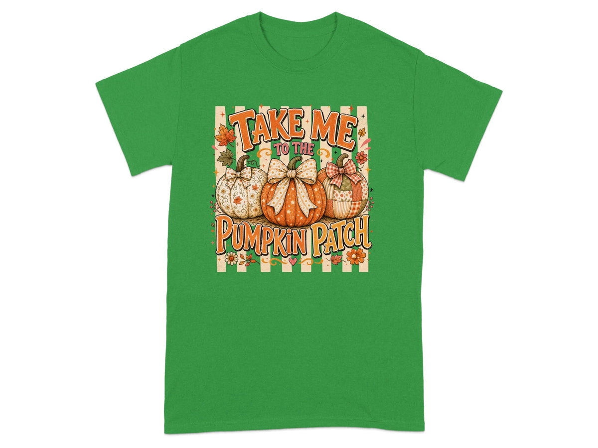 Green t-shirt with "Take Me To The Pumpkin Patch" text and three decorated pumpkins.