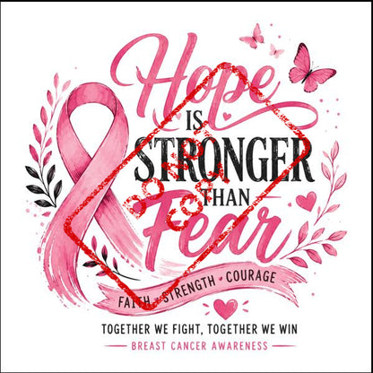 Pink ribbon and butterflies with text "Hope is Stronger Than Fear" for breast cancer awareness.