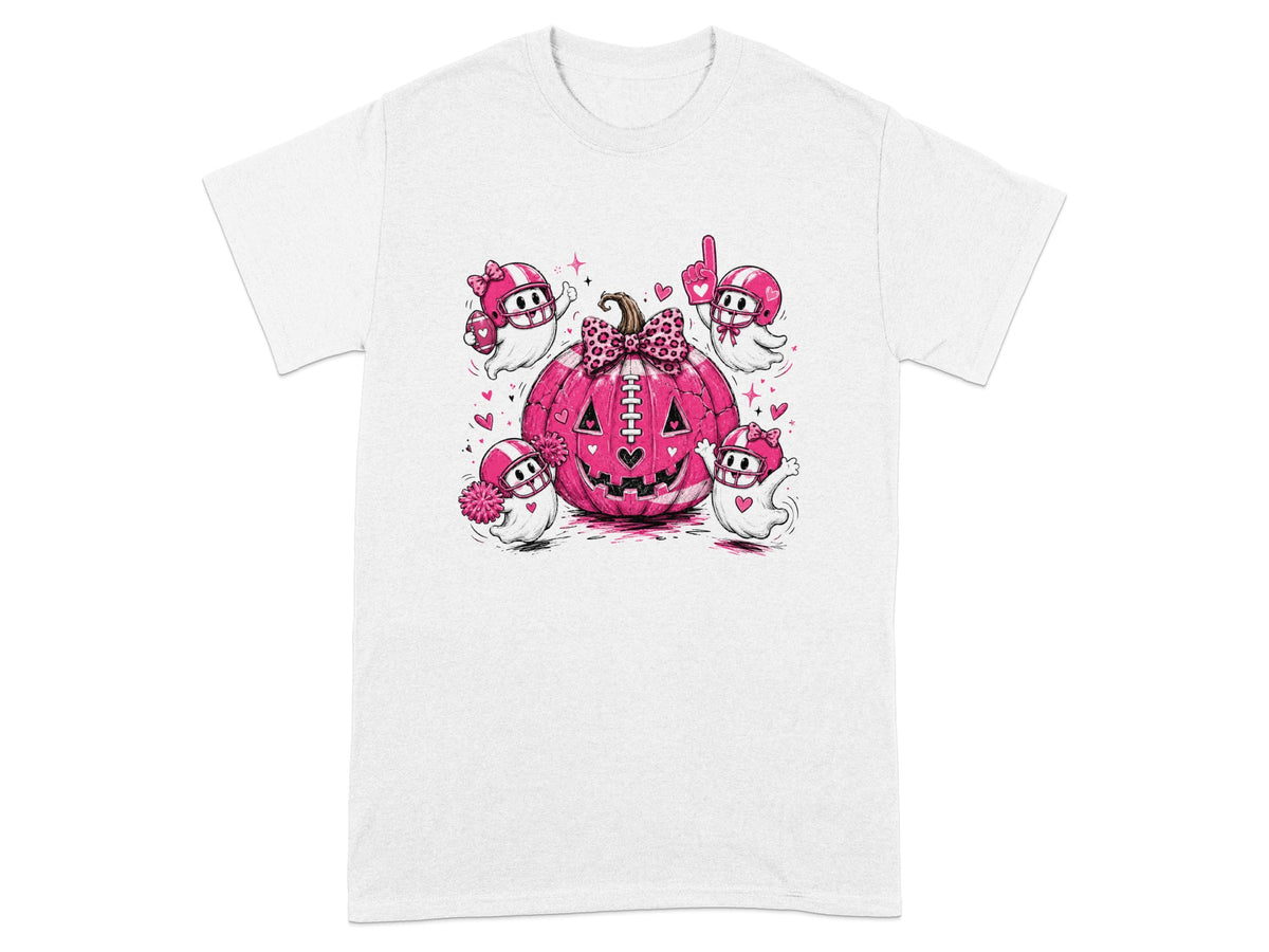 Four cartoon ghosts in football helmets surround a pink, jack-o'-lantern on a white t-shirt.