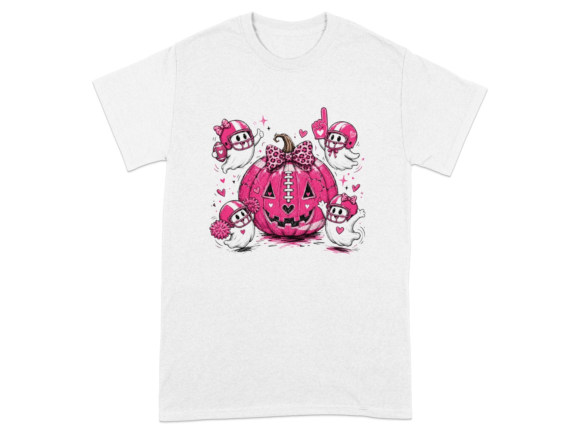 Four cartoon ghosts in football helmets surround a pink, jack-o'-lantern on a white t-shirt.