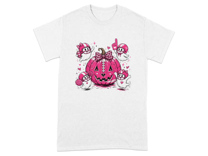 Four cartoon ghosts in football helmets surround a pink, jack-o'-lantern on a white t-shirt.