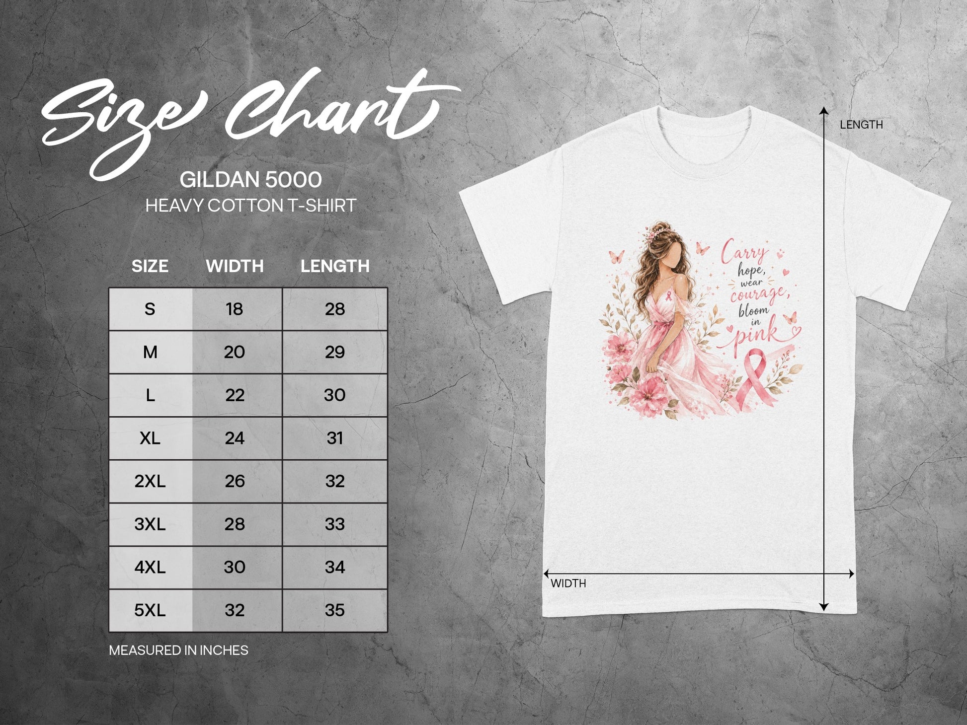 Gildan 5000 t-shirt size chart with width and length measurements in inches.