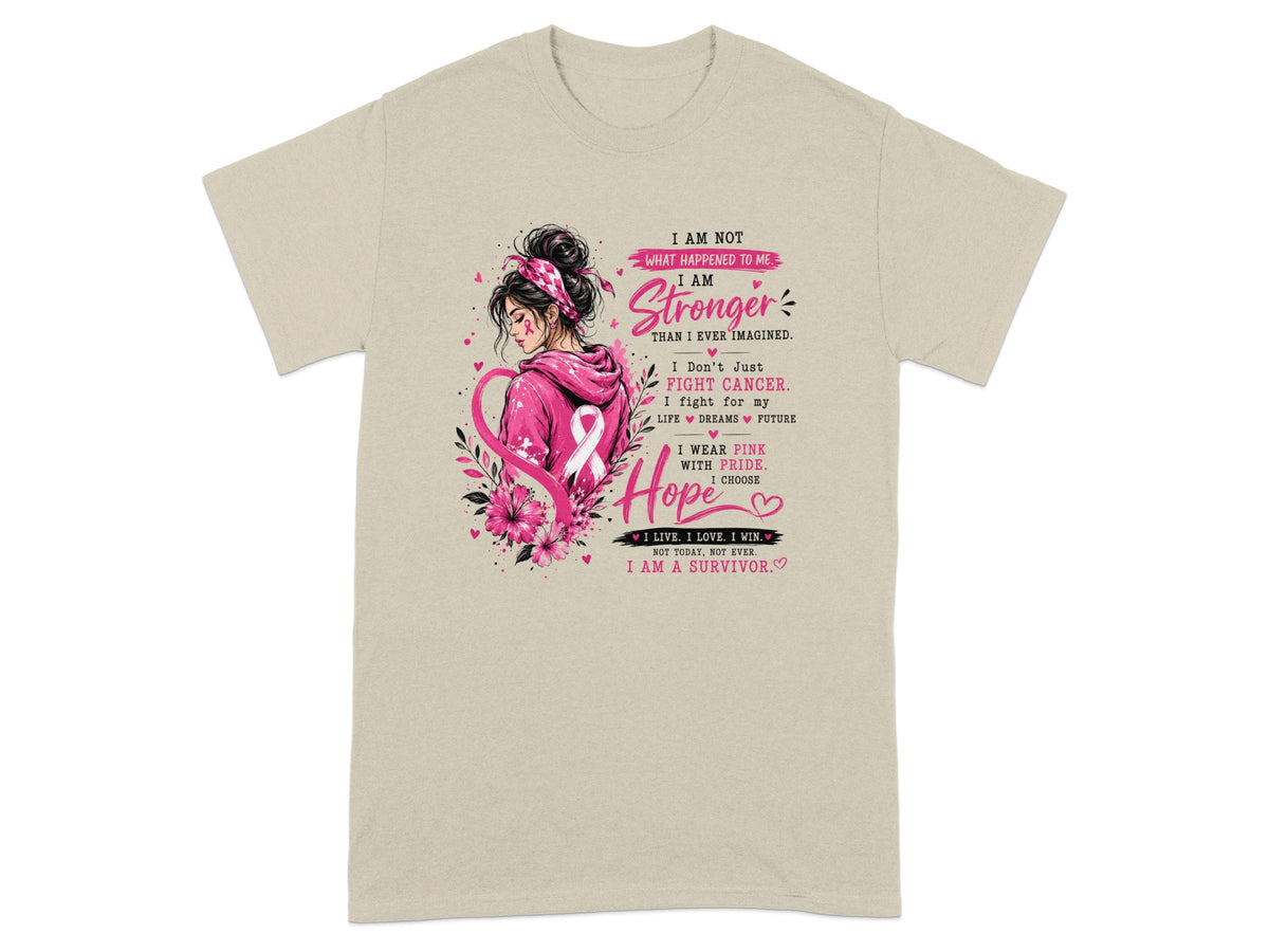 T-shirt with illustration of a woman, pink ribbon, and "I Am Stronger I Choose Hope I Am A Survivor" text.