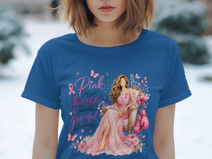 Pink ribbon graphic with text: hope, fierce heart, graceful strength, and boxing gloves.