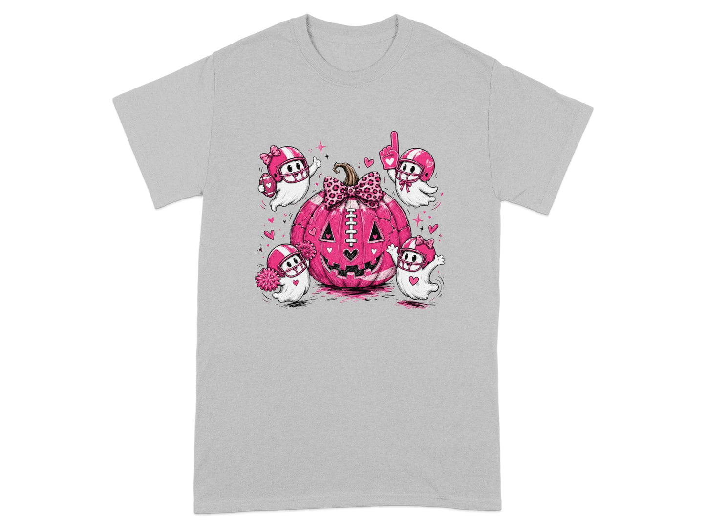Pink pumpkin with football-themed ghosts and football accents.