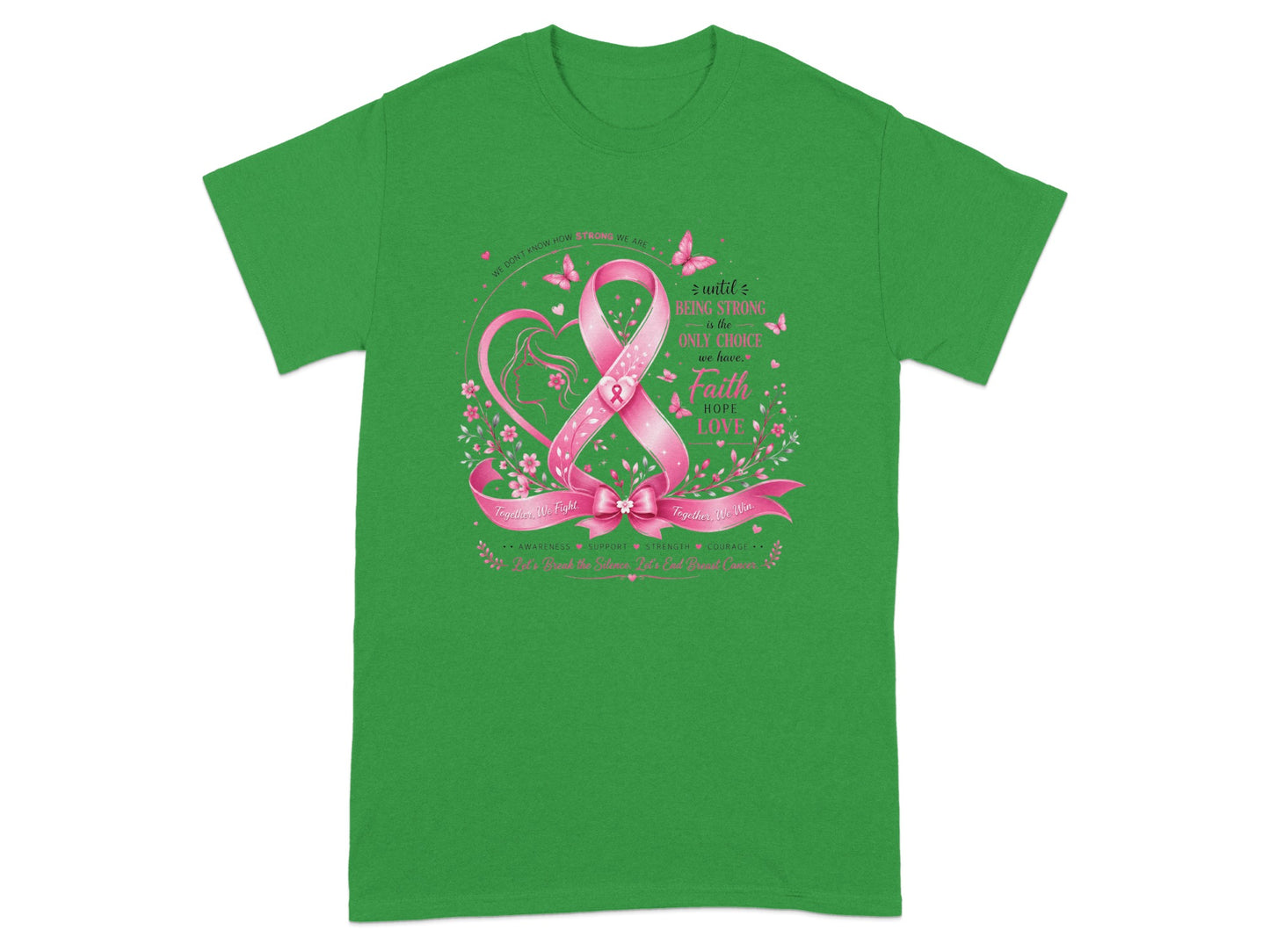 Green t-shirt with pink breast cancer ribbon, inspirational text, and butterflies.