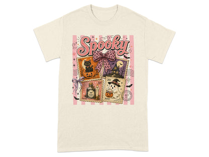 T-shirt with "Spooky" text and four Halloween-themed stamps.