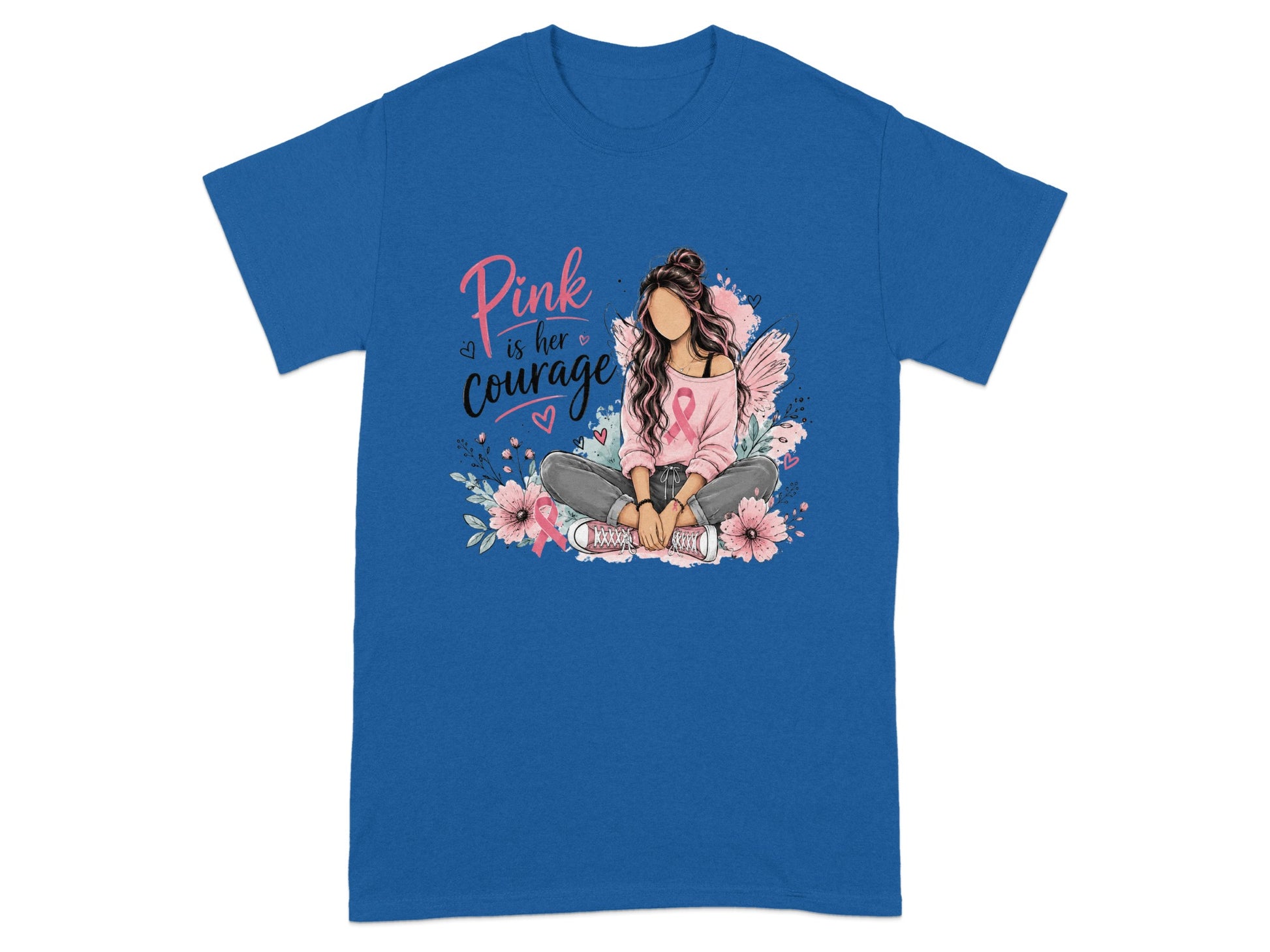 Woman with wings, surrounded by flowers, and text "Pink is her courage".