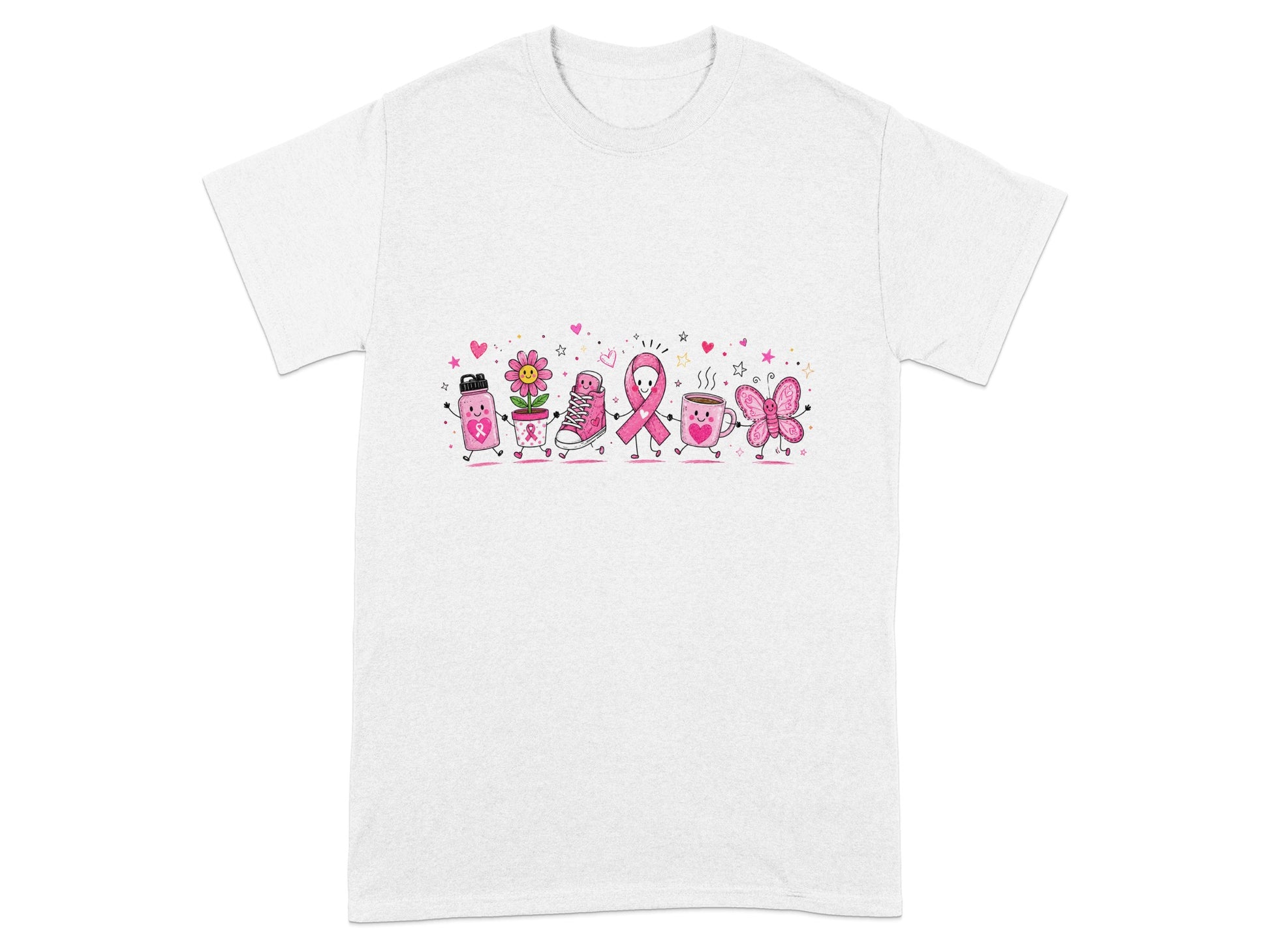 White t-shirt with cheerful pink cartoon characters including a ribbon, flower, shoe, and butterfly.