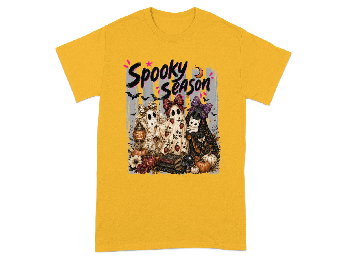 Yellow t-shirt with "Spooky Season" graphic featuring three ghosts and Halloween elements.