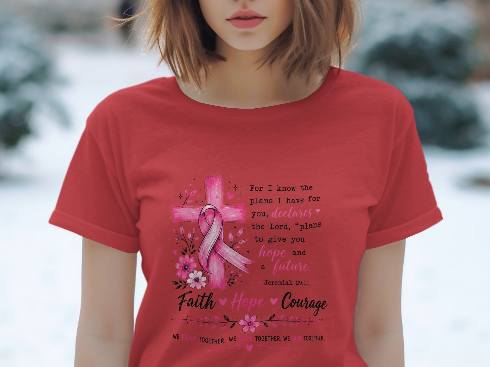 Red t-shirt with pink cross, ribbon, flowers, and inspirational text.
