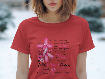 Red t-shirt with pink cross, ribbon, flowers, and inspirational text.