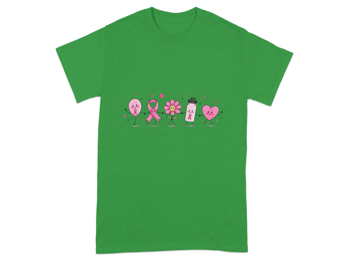 Cartoon characters of a pink ribbon, flower, water bottle, and heart on a green shirt.
