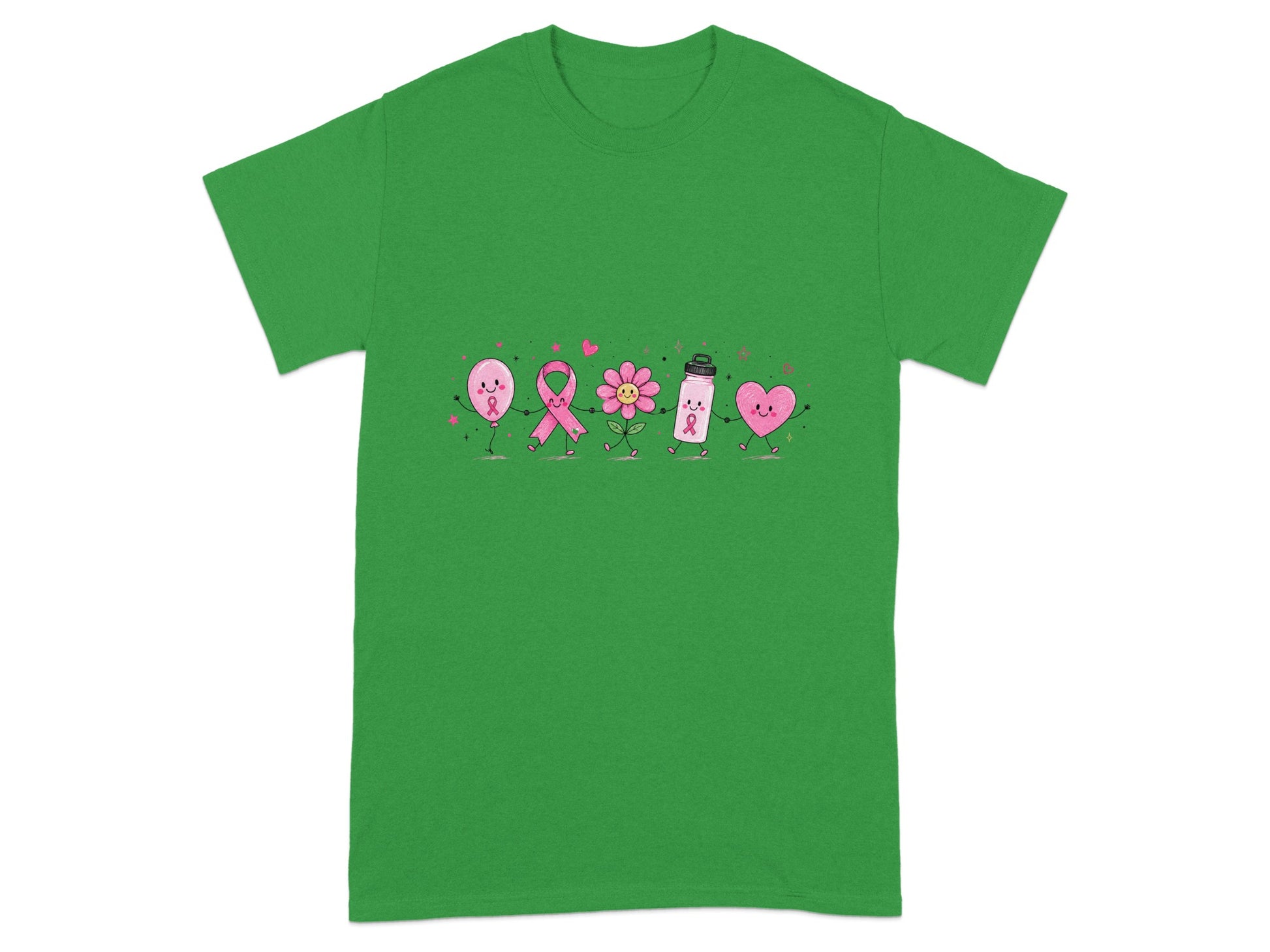 Cartoon characters of a pink ribbon, flower, water bottle, and heart on a green shirt.