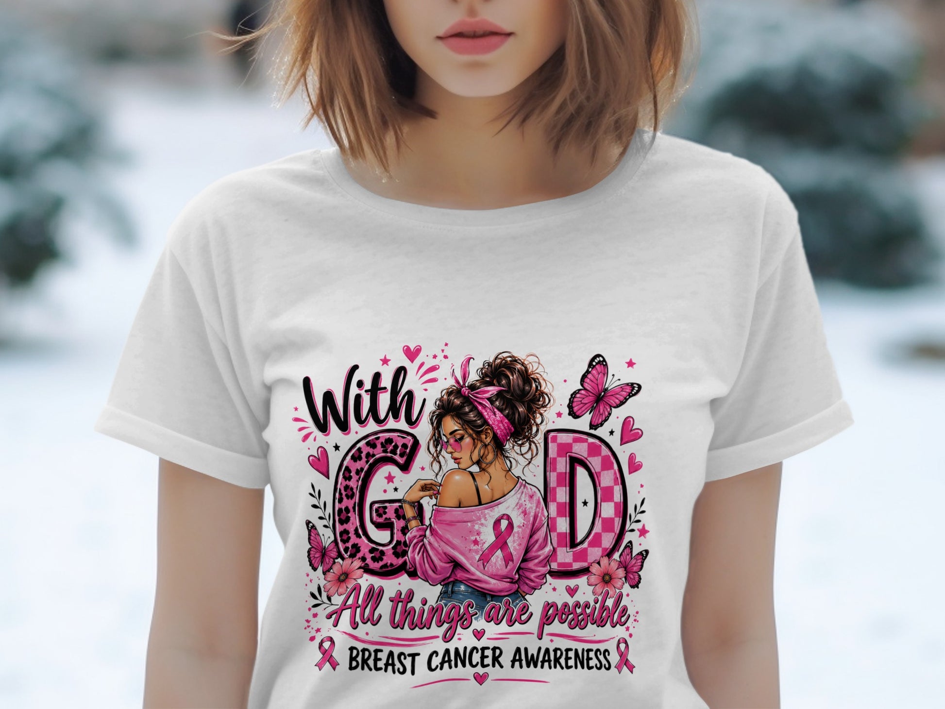 T-shirt graphic with "With GOD" and "All things are possible" for breast cancer awareness.