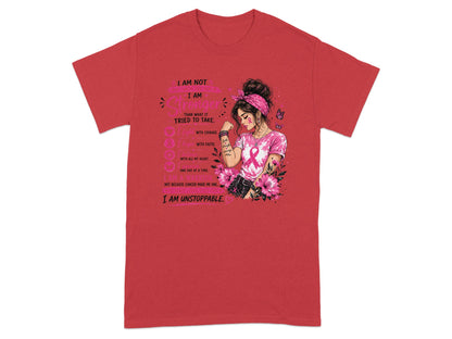 Red t-shirt with "I Am Stronger" text and woman with pink ribbon.