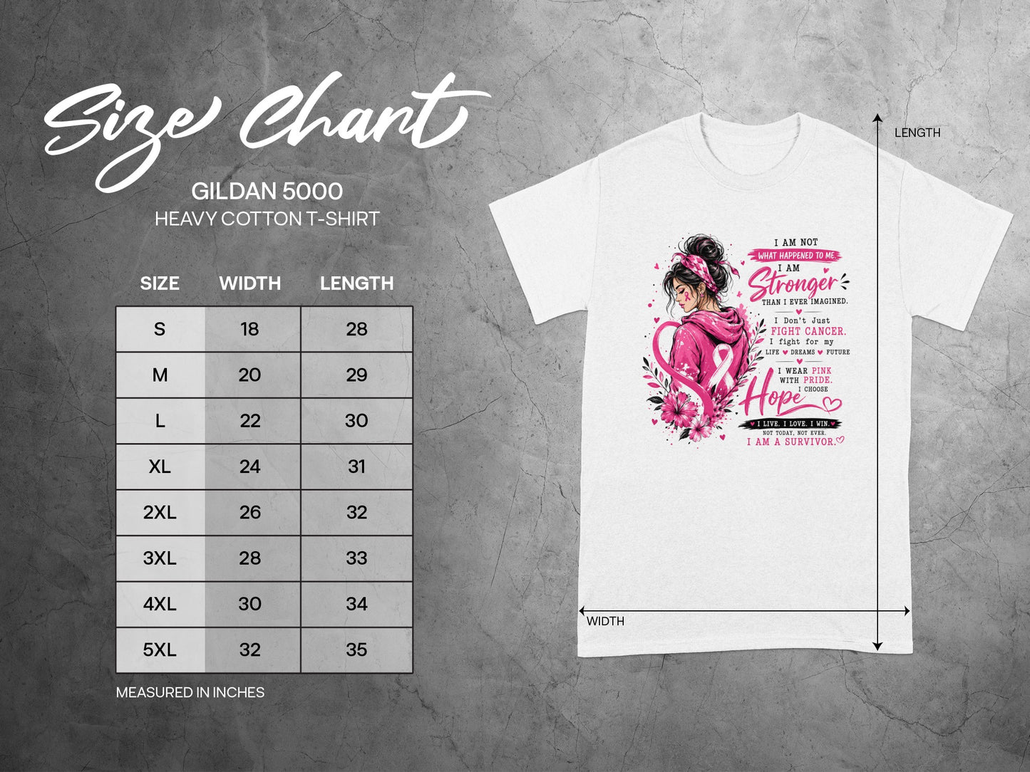 Gildan 5000 t-shirt size chart with width and length measurements in inches.