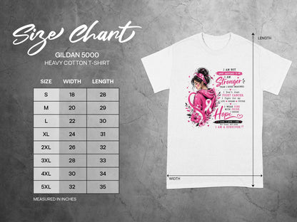 Gildan 5000 t-shirt size chart with width and length measurements in inches.