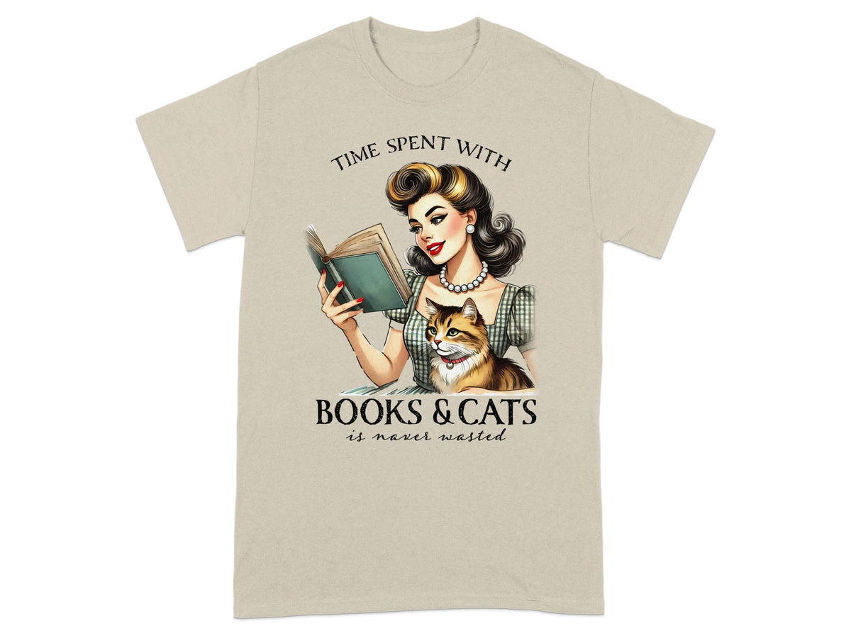 Woman reading with cat, text: Time spent with Books & Cats is never wasted.