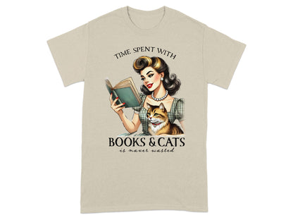 Woman reading with cat, text: Time spent with Books & Cats is never wasted.