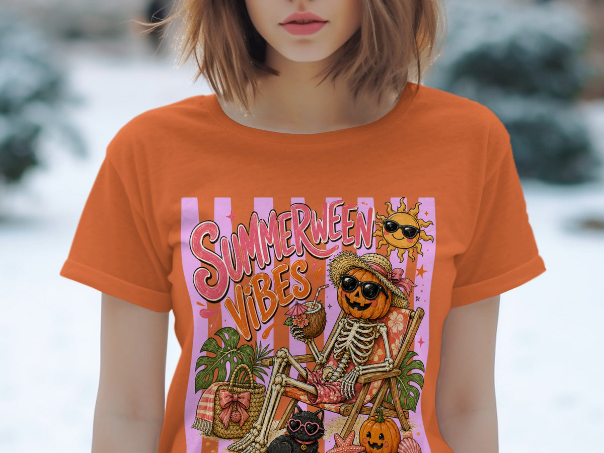 "Summerween Vibes" graphic with skeleton, pumpkin, sun, cat, and beach items.