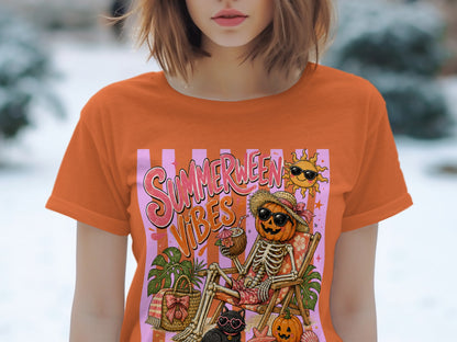 "Summerween Vibes" graphic with skeleton, pumpkin, sun, cat, and beach items.