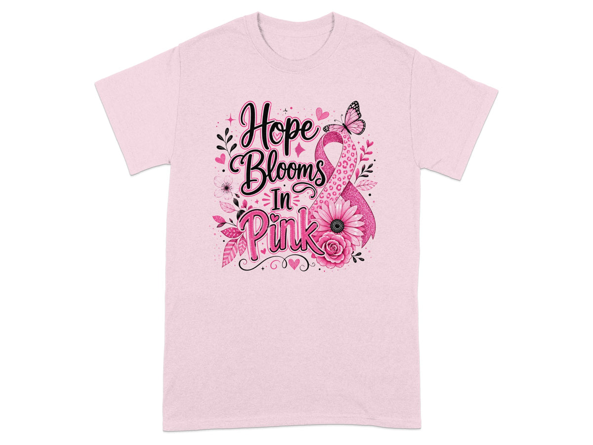 Pink t-shirt with "Hope Blooms In Pink" text and breast cancer ribbon design.