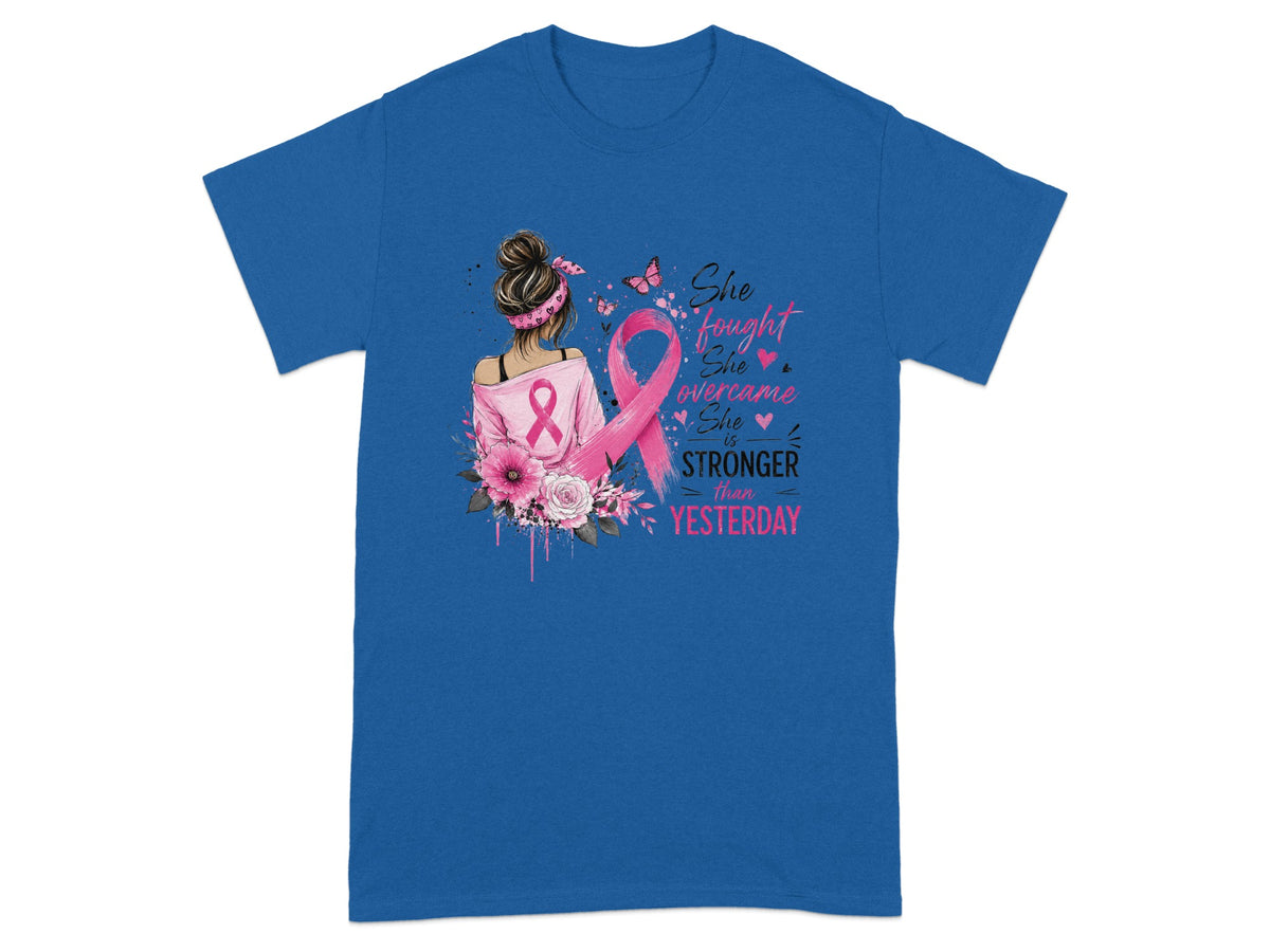 Blue t-shirt with pink breast cancer ribbon, floral design, and text.