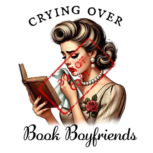 Woman crying while reading a book, with text "Crying Over Book Boyfriends".