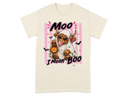 Highland cow in ghost costume with pumpkin and bubblegum, text "Moo I Mean Boo".