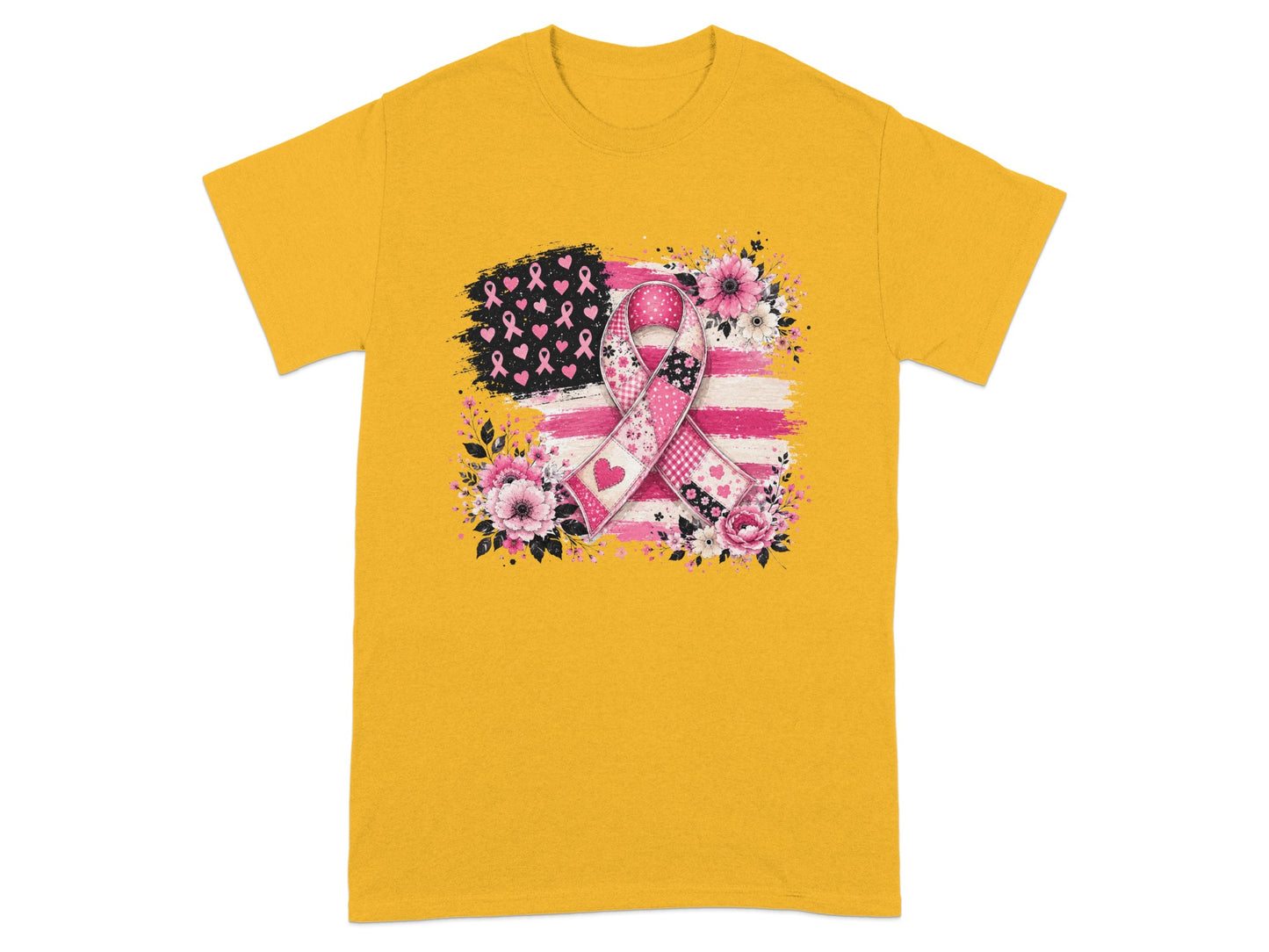Yellow t-shirt with patriotic breast cancer awareness ribbon and flowers design.