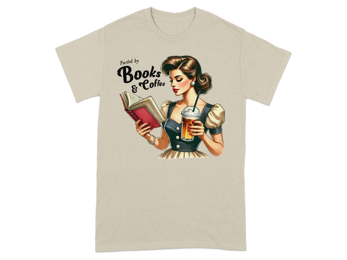 Woman reading book holding coffee cup with text "Fueled by Books & Coffee"