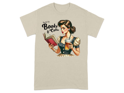 Woman reading book holding coffee cup with text "Fueled by Books & Coffee"