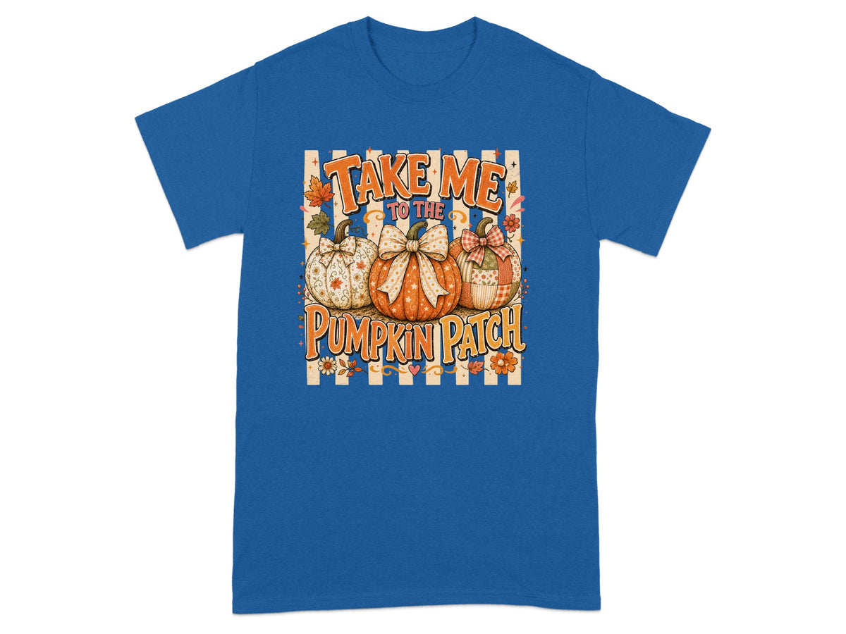 Blue t-shirt with "Take Me To The Pumpkin Patch" text and three decorated pumpkins.