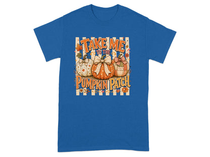 Blue t-shirt with "Take Me To The Pumpkin Patch" text and three decorated pumpkins.